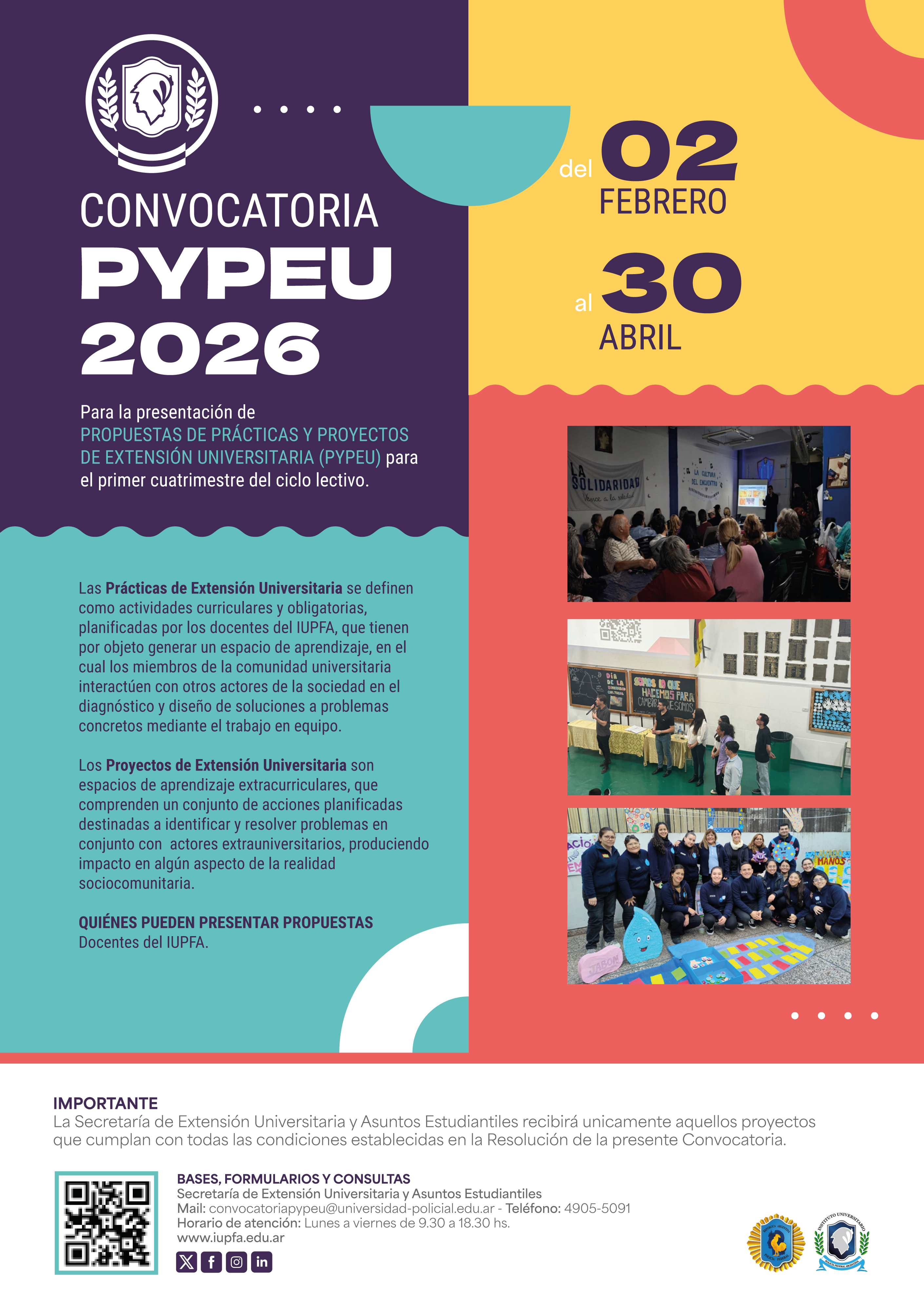 CONVOCATORIA A PROPUESTAS DE PRÁCTICAS Y PROYECTOS DE EXTENSIÓN UNIVERSITARIA (PyPEU) - IUPFA